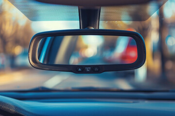 A car's rear view mirror is up and shows a busy street with many cars