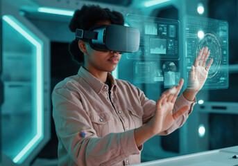 Black female scientist wearing vr headset working with holographic interface displaying data visualisation