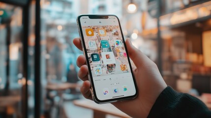 A Hand Holding an iPhone with a Colorful App Icon Layout