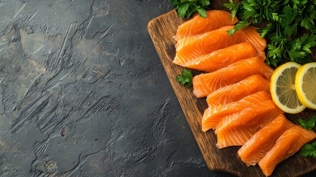Traditional Norwegian smoked salmon in slices with parsley and lemon served as a close-up on a rustic wooden chopping board with text space