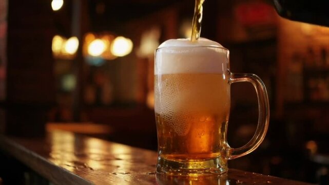 Close up shot of a beer mug on a barstool pouring beer from a bottle