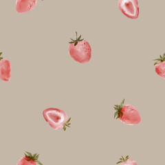 Strawberries watercolor seamless pattern on a pastel background. Hand drawn fruit digital paper texture. 