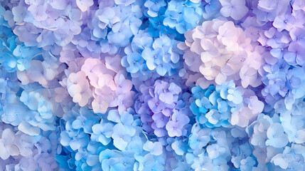 Obraz premium A soft pastel background covered with blooming hydrangeas in shades of blue and purple