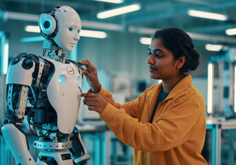 Robotics engineer is assembling an android robot prototype in a high-tech laboratory