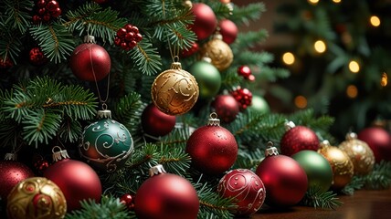 Close-up of red, green, and gold Christmas ornaments hanging on a decorated Christmas tree.
