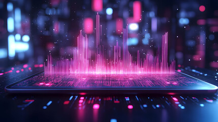 3D Holographic Tablet Displaying Glowing Data Streams and AI Graphs on Modern Desk - Symbolizing Growth and Expertise in AI with Copy Space Available - Isolated White Background