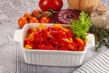 Diced raw bell red and yellow pepper