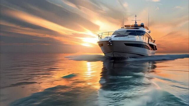 A luxurious boat sailing across calm waters under a vibrant sunset with colorful clouds.