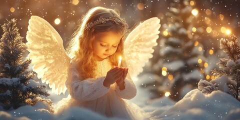 A serene young girl with golden hair and angelic wings holds a candle in a snowy setting.