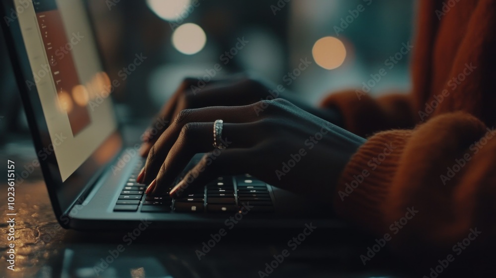 Poster Close-up of Hands Typing on a Laptop Keyboard with a Ring on the Index Finger