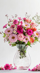 Fototapeta premium Vase with colorful flowers including roses and daisies on light background