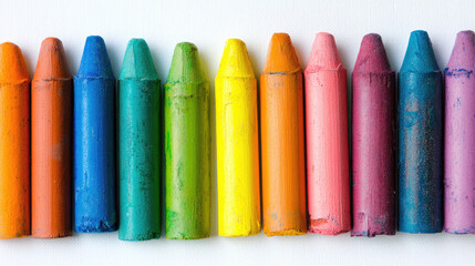 A beautifully arranged collection of oil pastel crayons in a rainbow order, set against a white canvas, symbolizing the beginning of a creative journey.