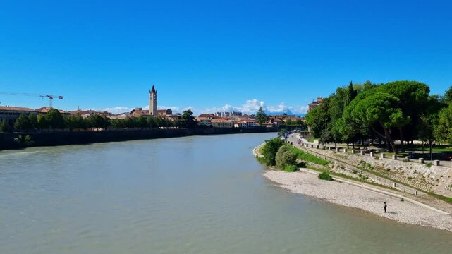 Verona - Italy - View along the Adige to the Basilica di San Zeno Maggiore