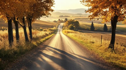 Naklejka premium peaceful countryside road lined with autumn leaves, the road leading toward distant hills