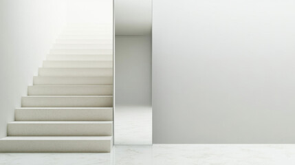Fototapeta premium Abstract white minimalist staircase leading to bright hallway, concept of progress