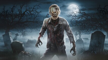 Fototapeta premium Terrifying Zombie with Decayed Flesh and Glowing Eyes in Eerie Graveyard Landscape under Moonlit Sky