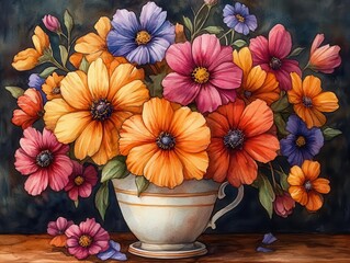 watercolor illustration featuring a vibrant array of colorful flowers elegantly framed within a wide border, exuding a sense of beauty and artistic flair