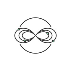 This icon features an infinity symbol intertwined with orbit-like lines and dots, representing continuous innovation and sustainable technology