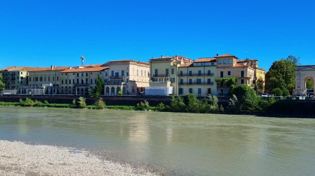 Verona - Italy - Houses of the old town on the shore near the Ponte Scaligero