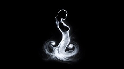 Obraz premium A translucent, ethereal woman made of smoke and light stands in profile with her head tilted back against an all-black background