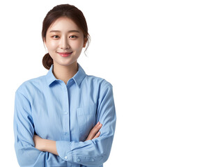 Oriental business woman smiling on white background