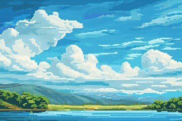 Cross stitch blue sky landscape backgrounds outdoors.