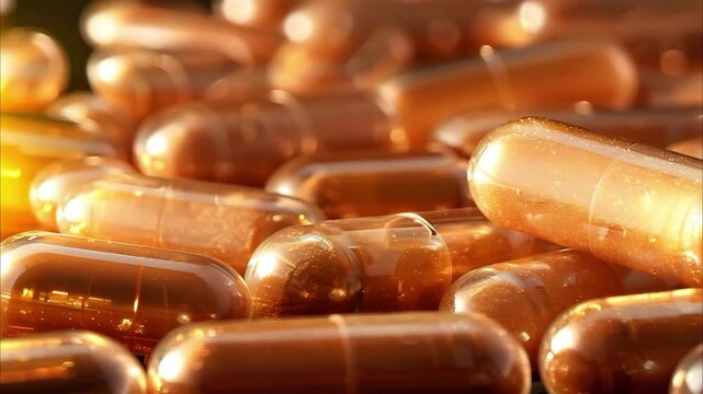 A close-up of numerous orange gelatin capsules scattered on a surface.