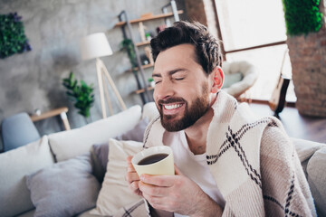 Photo of nice positive man wrapped plaid sitting on couch break pause quarantine treatment drink hot tea indoors apartment