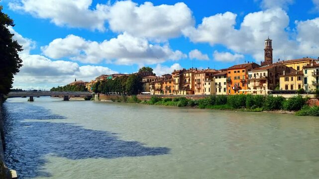 Verona - Italy - Ponte Nuovo with old town on the banks of the Adige