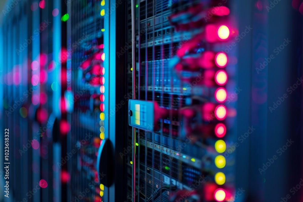 Poster modern server room in a data center, with rows of working server racks and blinking led lights