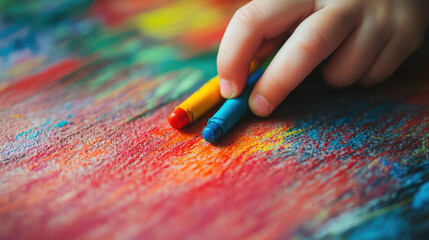 Obraz premium A close-up of a childs hand drawing with oil pastel crayons on textured paper, capturing the bright colors and smooth application for a playful art scene.