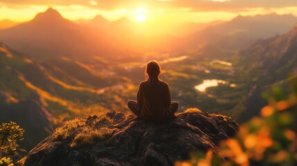 Fototapeta premium A person meditating on a rock, overlooking a serene landscape at sunset.
