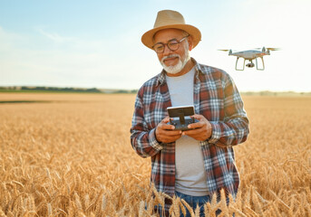 Farmer is controlling a drone in a wheat field, using modern technology for precision agriculture and crop monitoring