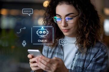 Young Woman with Curly Hair Using Smartphone with Chat Interface and Digital Icons
