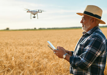 Farmer is controlling a drone with a remote control in a wheat field