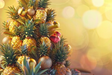 Fototapeta premium Christmas tree made of pineapple and christmas bauble decoration. Holiday concept.