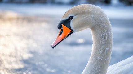 A close-up of a mute swans elegant neck and head, with the icy surface of a frozen lake in the background, showcasing the serene beauty of winter wildlife.