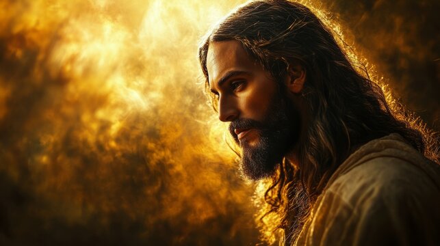 A man with long hair and a beard is depicted in a painting of Jesus