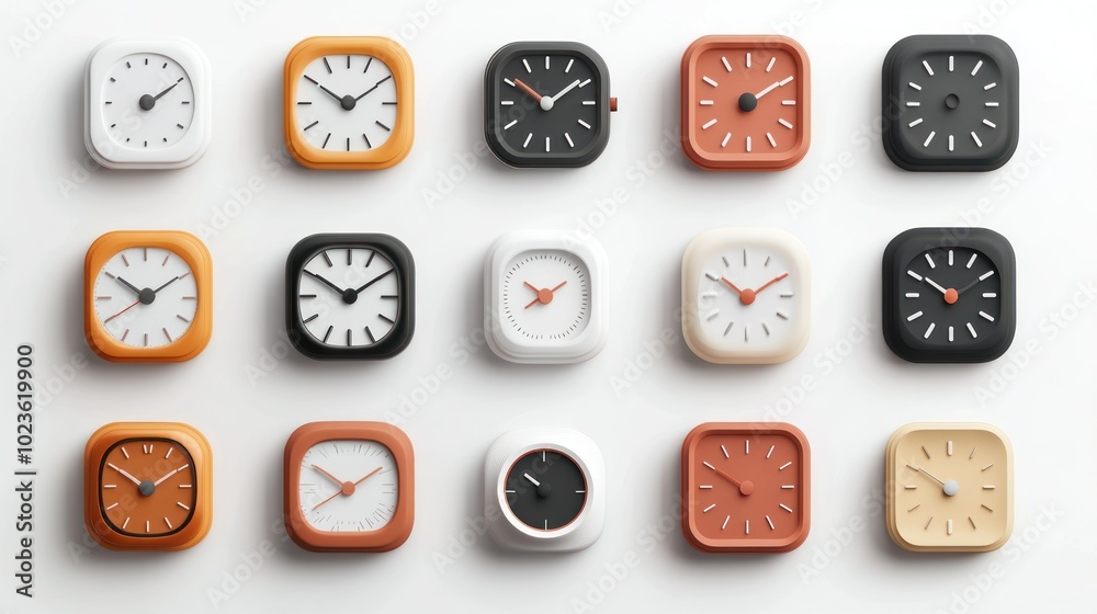 Poster A Collection of Square-Shaped Clocks in Various Colors and Designs
