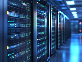 Naklejka premium A futuristic view of server racks in a data center with glowing lights and cool tones.