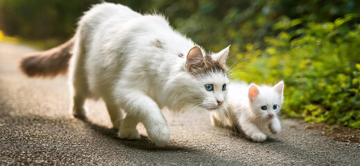 Fototapeta premium Mamma gatta e figlio camminano su un vialetto