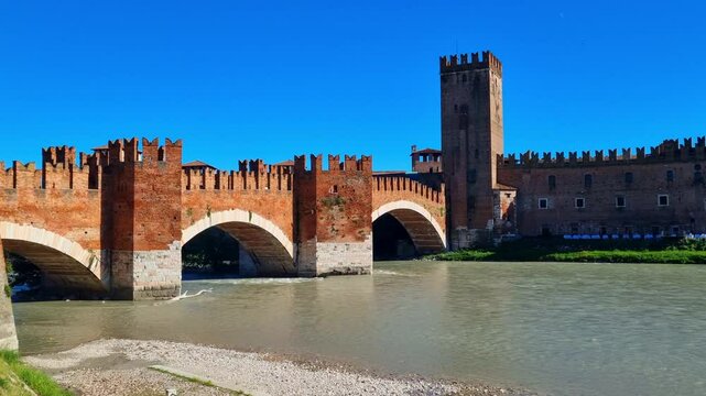 Verona - Italy - Ponte Scaligero on the southern bank with tower