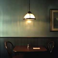 A table with a lamp on it and a chair next to it