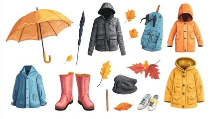 Autumn clothes and accessories: colorful raincoats, hats, umbrellas and boots for the rainy season.