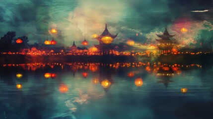 Obraz premium Diwali background showcasing a double exposure of colorful lanterns and a tranquil lake.