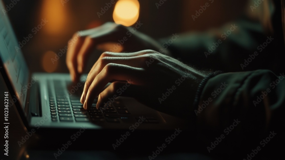 Poster close-up of hands typing on a laptop keyboard in a dimly lit room
