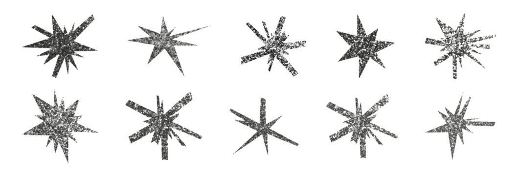 Trendy irregular stars set with grunge stipple photocopy effect. Hand drawn geometric scribble shapes, doodle starburst, modern retro grunge punk halftone stickers. Modern retro vector illustration