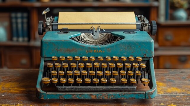 Vintage typewriter on wooden desk with yellowed paper