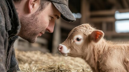 Fototapeta premium Farmer examining a newborn calf in a wooden barn, livestock farming, nurturing new life