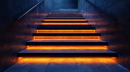 A dark staircase with subdued light creates an atmosphere of mystery and architectural perfection.